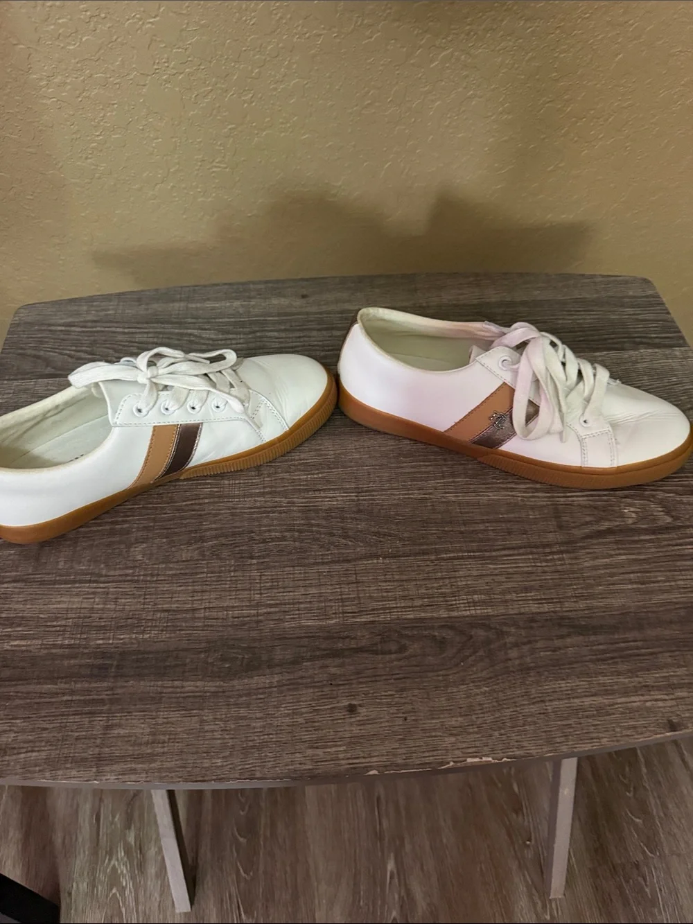Lauren Ralph Lauren White Leather Sneakers with Brown & Black Accent Stripes